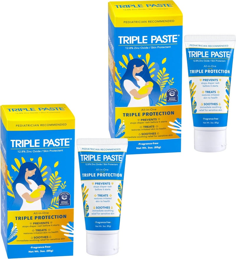 Triple Paste كريم طفح الحفاضات للأطفال، 3 أونصات (عبوة من 2)، مرهم أكسيد الزنك يعالج، يهدئ ويمنع طفح الحفاضات، موصى به من قبل أطباء الأطفال وغير مسبب للحساسية، أساسيات الأطفال للاستخدام اليومي والليل - Image 1